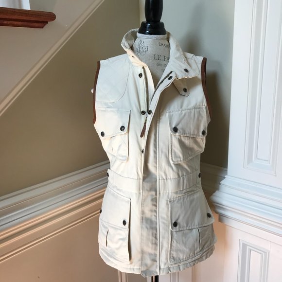 Ralph Lauren Safari Utility Vest Womens 10 Beige Tan Zip Up Front Leather Trim - Picture 2 of 13